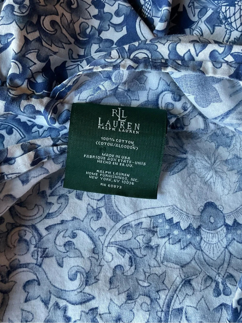 VTG Ralph Lauren Porcelain Blue Bird Tamarind Ruffled Std Pillow Sham- USA Made